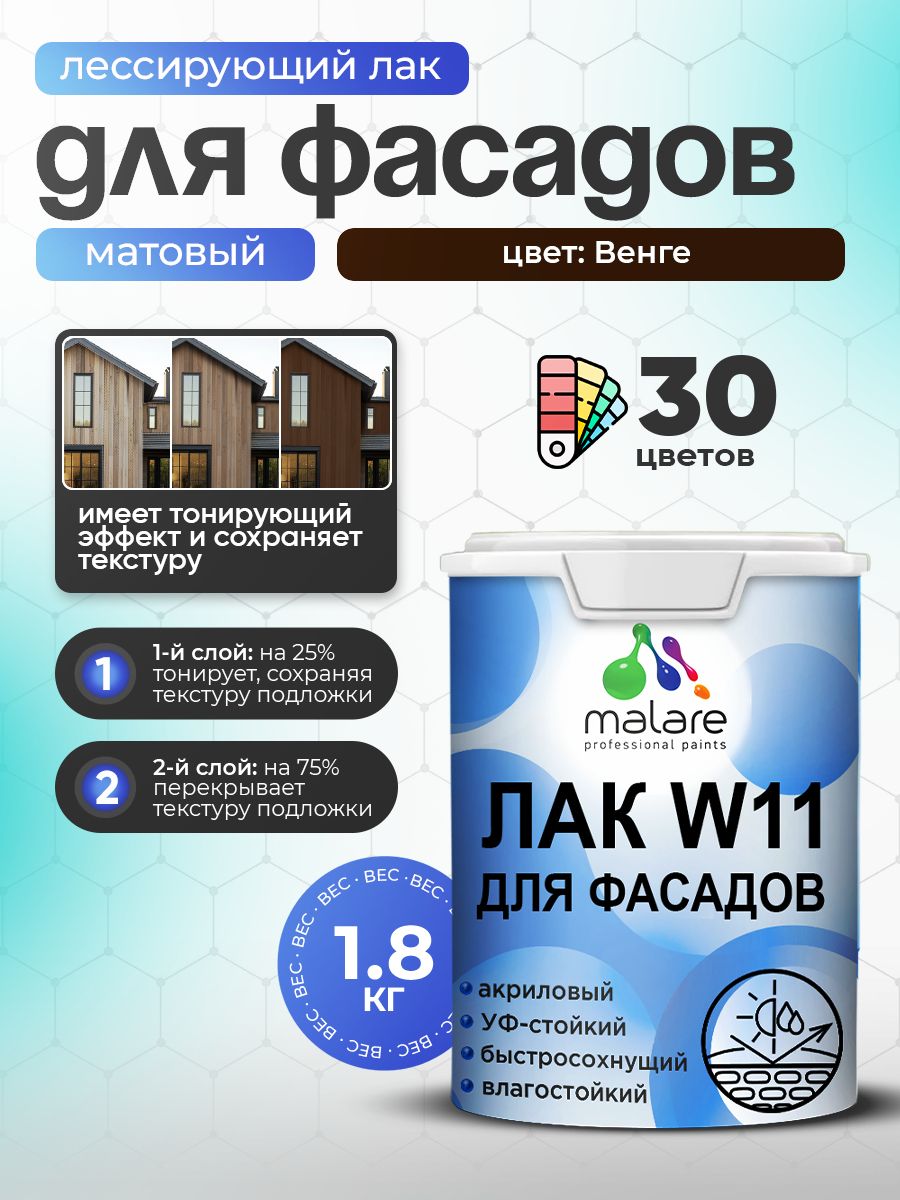 Лак колерованный тонирующий фасадный Malare W11 для защиты фасадов зданий, для дерева, камня и кирпича, быстросохнущий влагостойкий экологичный, матовый, венге, 1.8 кг.