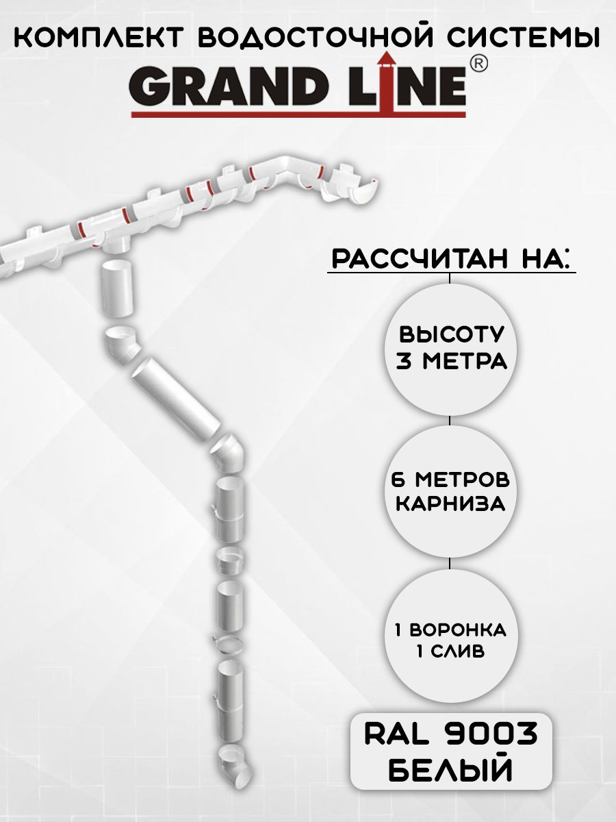 КомплектводосточнойсистемыGrandLine6метровпломбир(120мм/90мм)водостокдлякрышипластиковыйГрандЛайнбелый(RAL9003)