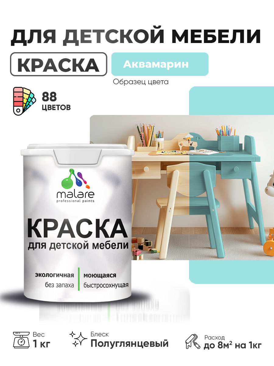 Резиновая краска Malare для детской мебели для кухонных фасадов, мебели из дерева, моющаяся, быстросохнущая, без запаха, полуглянцевая, аквамарин, 1 кг