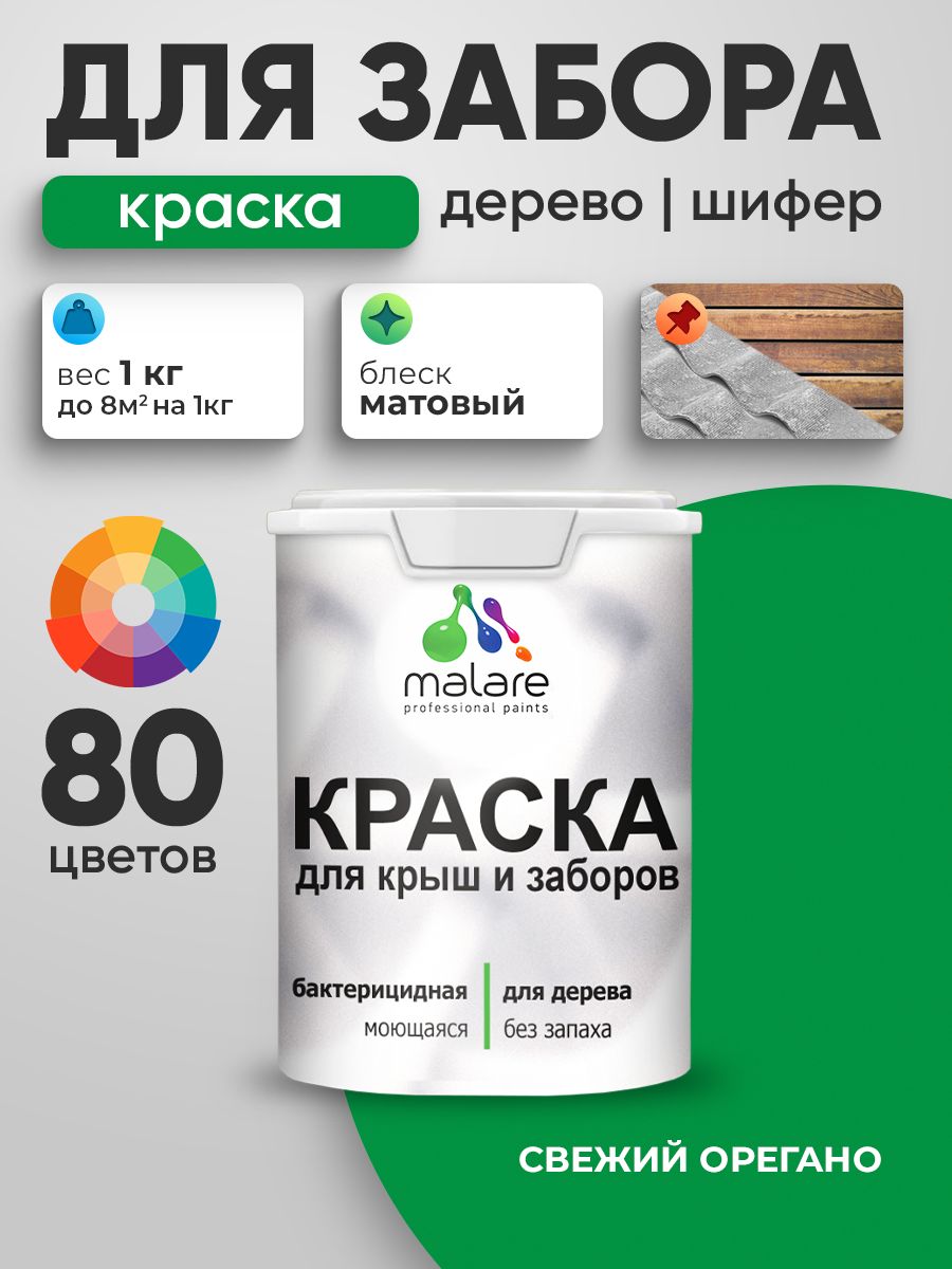Акриловая краска Malare для деревянного забора/ по дереву для наружных и внутренних работ/ быстросохнущая моющаяся без запаха, матовая, свежий орегано, 1 кг.