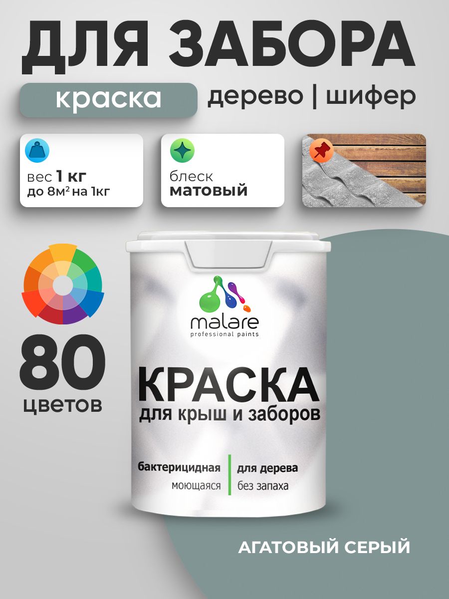 Акриловая краска Malare для деревянного забора/ по дереву для наружных и внутренних работ/ быстросохнущая моющаяся без запаха, матовая, агатовый серый, 1 кг.
