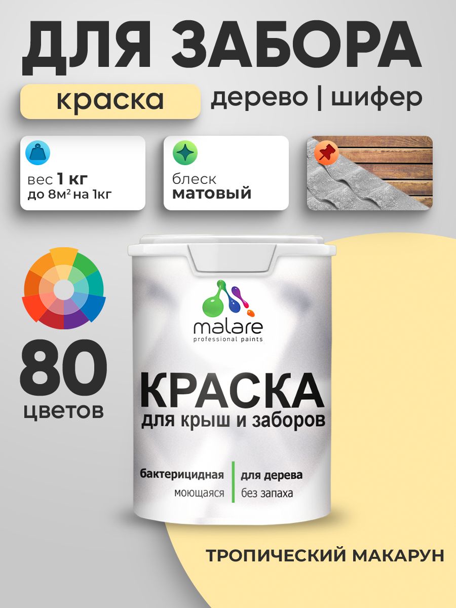 Акриловая краска Malare для деревянного забора/ по дереву для наружных и внутренних работ/ быстросохнущая моющаяся без запаха, матовая, тропический макарун, 1 кг.