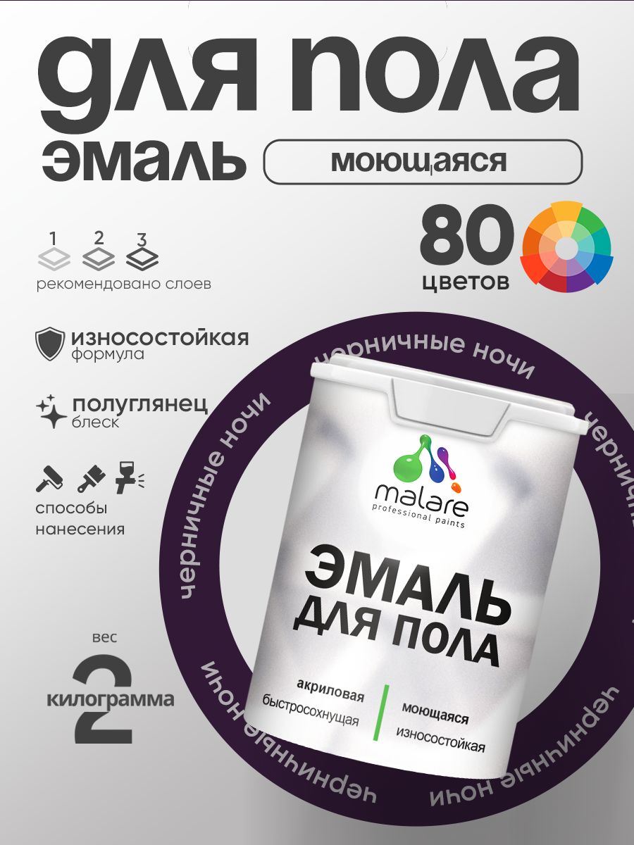Эмаль для пола акриловая Malare краска для бетонных полов по дереву/ износостойкая без запаха, быстросохнущая моющаяся полуглянцевая, черничные ночи, 2 кг