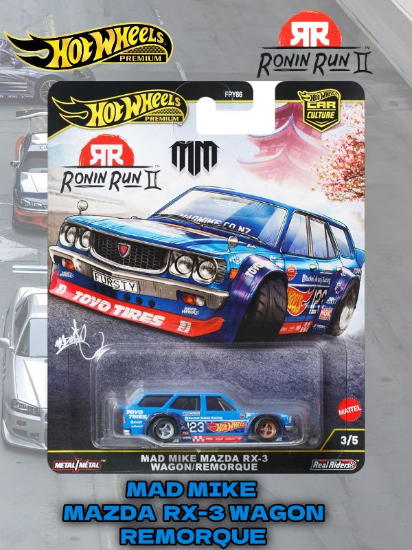 НаборHotWheelsPremiumRONINRUN2:1коллекционныхавтоMADMIKEMAZDARX-3WAGON/REMORQUE(лимитированнаясерия)
