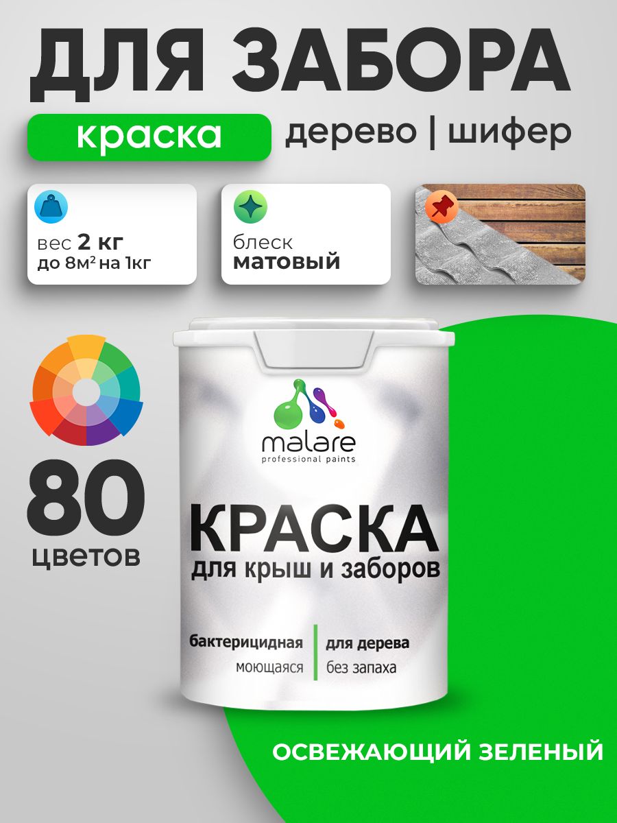 Акриловая краска Malare для деревянного забора/ по дереву для наружных и внутренних работ/ быстросохнущая моющаяся без запаха, матовая, освежающий зеленый, 2 кг.