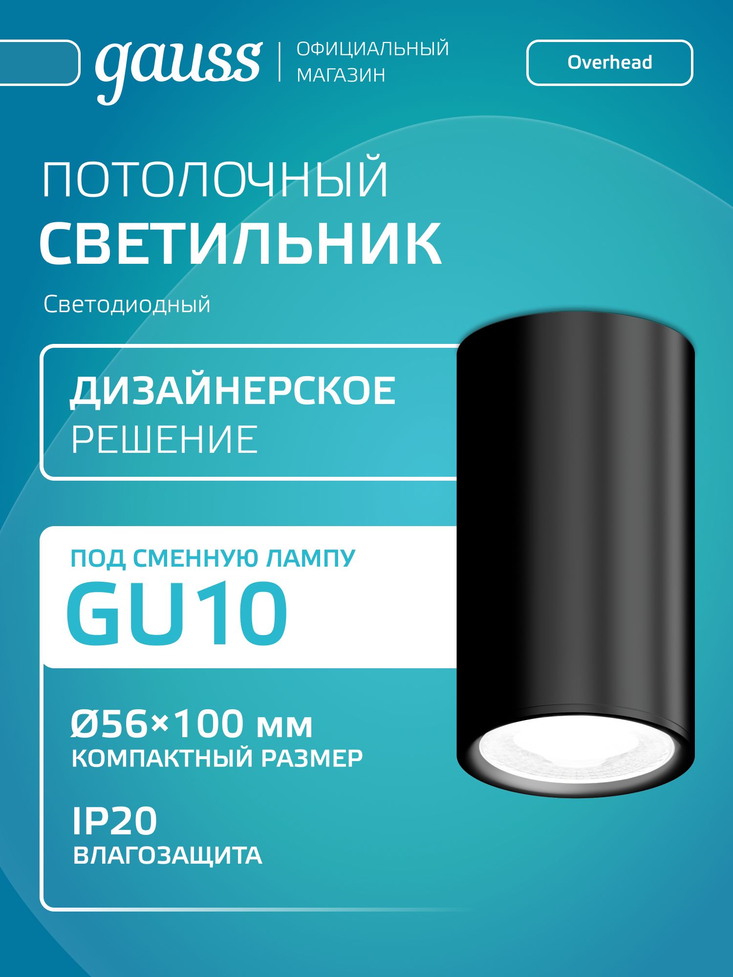 СветильникпотолочныйнакладнойподлампуGU5.3ЧерныйGaussOverheadBasic
