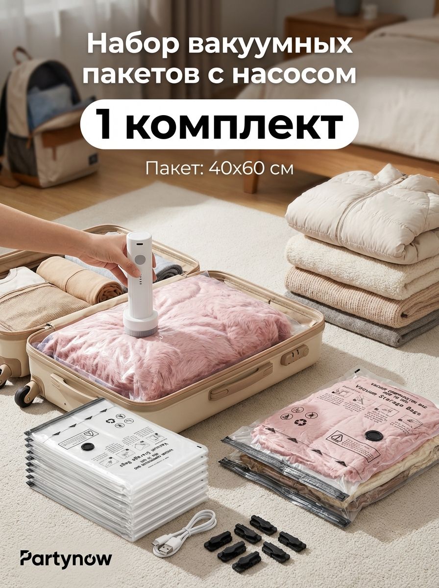 Наборвакуумныхпакетовдляхранения(включаетпортативныйэлектрическийнасос),мощноевсасывание,экономияместаприпутешествиях,сезонноехранение