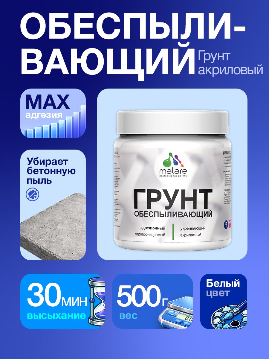 Грунт обеспыливающий Malare акриловый адгезионный универсальная, без запаха быстросохнущий, белый, 0.5 кг.