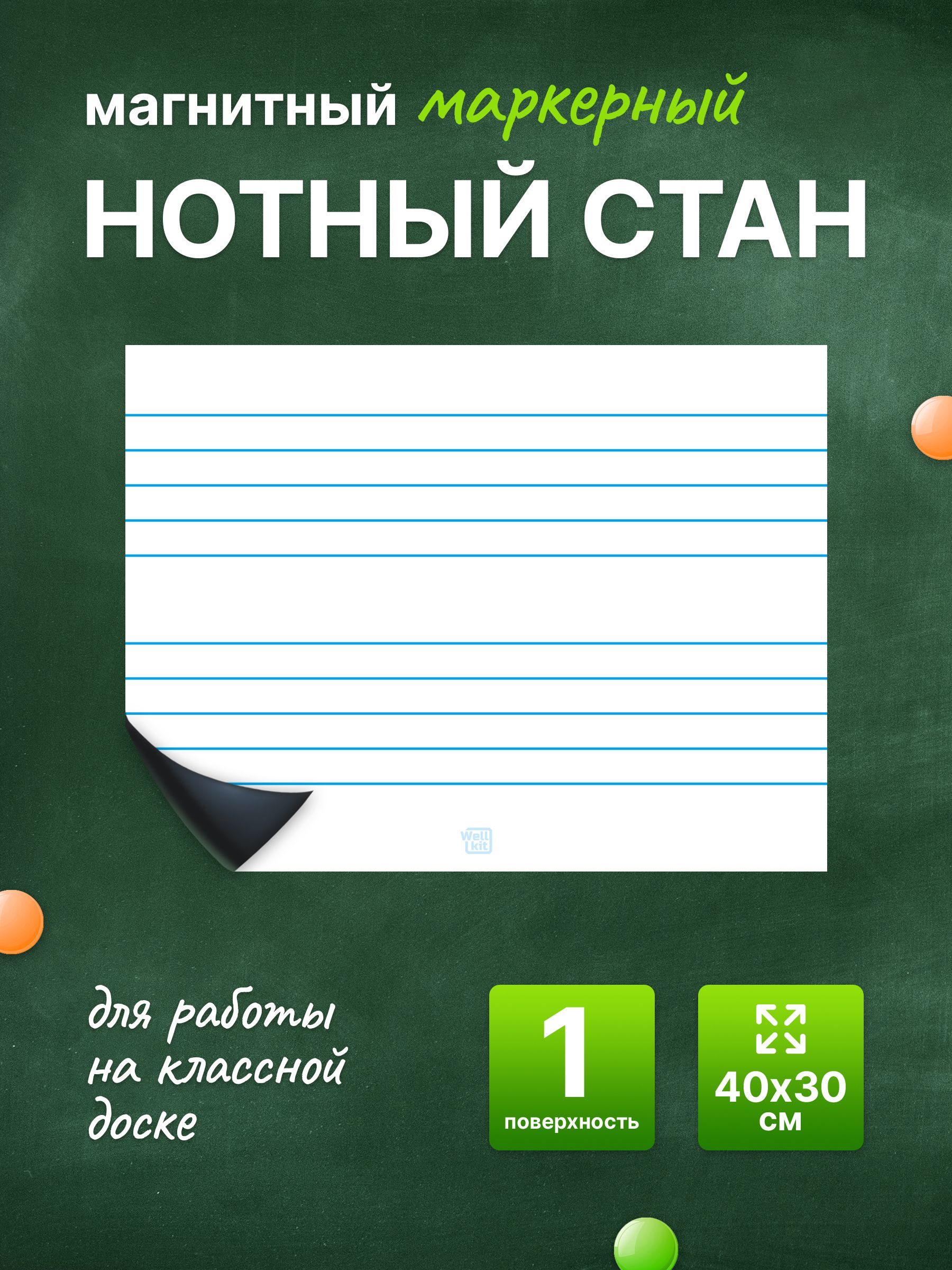 Разлиновка магнитная для школьной доски нотный стан 40х30 см. WellKit