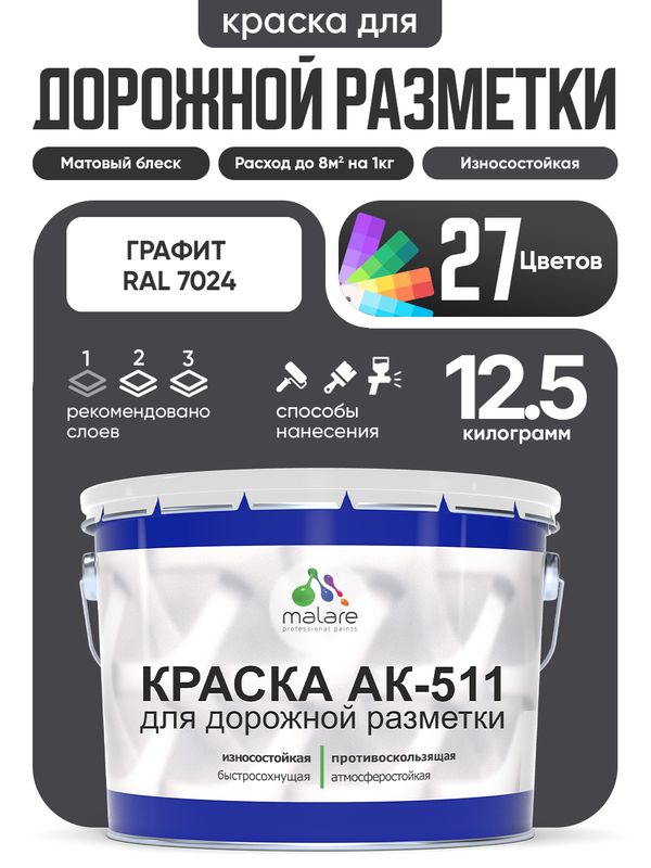 Дорожная краска АК-511 Malare для дорожной разметки, краска для пола по бетону, износостойкая, быстросохнущая, матовая RAL 7024, графитово-серый(темный), 12,5 кг