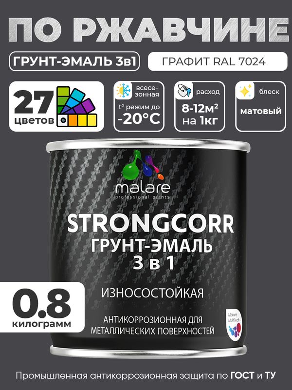 Грунт-Эмаль по ржавчине 3 в 1 Malare StrongCorr/ Краска по ржавчине для металла, износостойкая антикоррозионная акрил-уретановая матовая RAL 7024 графитово-серый(темный), 0,8 кг.