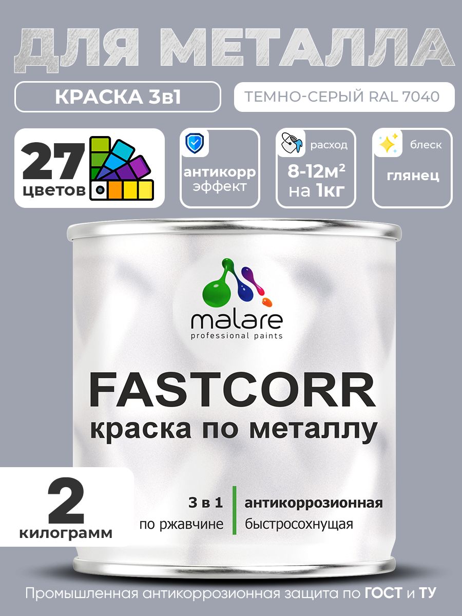 Краска для металла по ржавчине Malare FastCorr, для наружных работ износостойкая, быстросохнущая RAL 7040 темно-серый, глянцевая, 2 кг