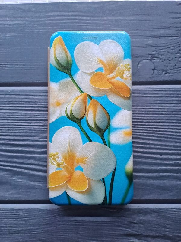 Чехол-книга Fashion Case для Samsung Galaxy A02 2021, принт, бело-желтые цветы на голубом, золотой #1