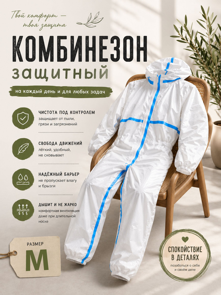 Комбинезон защитный мембранный одноразовый с капюшоном, дышащий, влагозащитный, белый, размер M #1