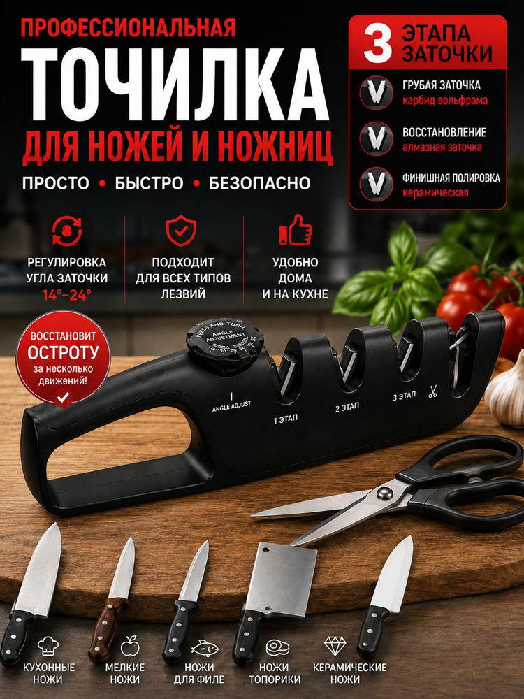 Настольная точилка для ножей 4 в 1: грубая, средняя, полировка алмаз/керамика/карбид, подарок для хозяек #1