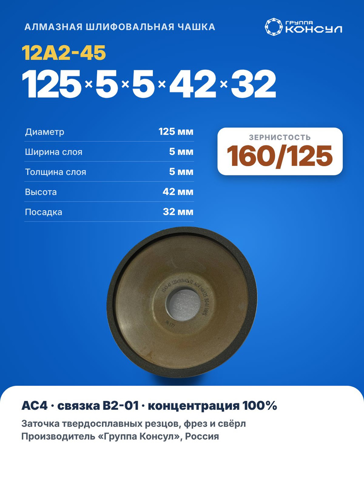 Круг алмазный 12А2-45 125х5х5х42х32 АС4 160/125 В2-01 100%, заточная шлифовальная чашка АШЧ-ГК #1