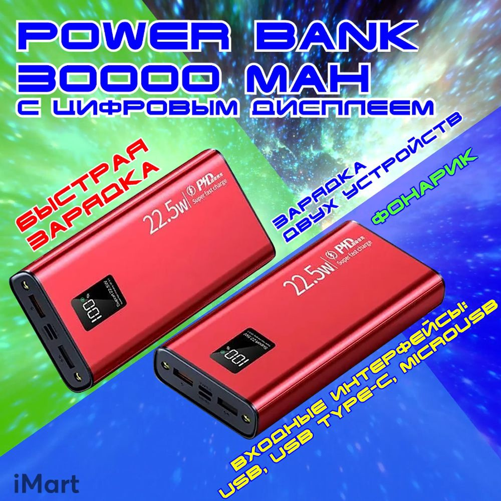 Внешний аккумулятор (Power Bank) Ask Gecko пауэрбанк 30000 мач с цифровым  дисплеем. Power Bank 30000 mah для телефонов iPhone/Android. Портативное зарядное  устройство пауэр банк с быстрой зарядкой - купить по выгодным ценам