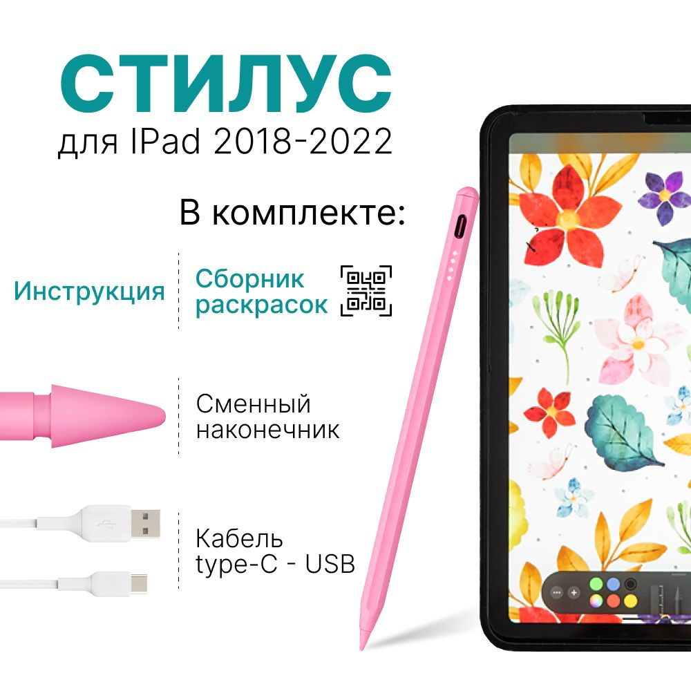 Стилус Pencil розовый для iPad Pro, Air, mini от 2018 года выпуска, для  планшета Apple с изменением толщины линии от угла наклона и защитой от ...