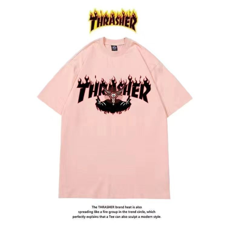 Pink and white thrasher shirt best sale