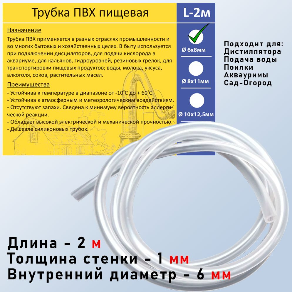 Трубка ПВХ пищевая, прозрачная. 2м, 6х8мм - купить с доставкой по ...