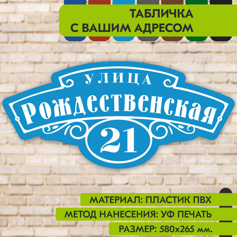 Адресная табличка на дом "Домовой знак" голубая, 580х265 мм., из пластика, УФ печать не выгорает  #1