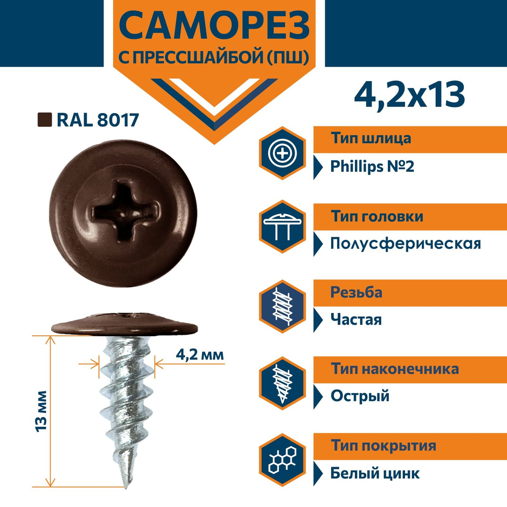 Саморез Rizzel ПШ с прессшайбой острый 4,2х13 RAL 8017 (1000 шт) #1