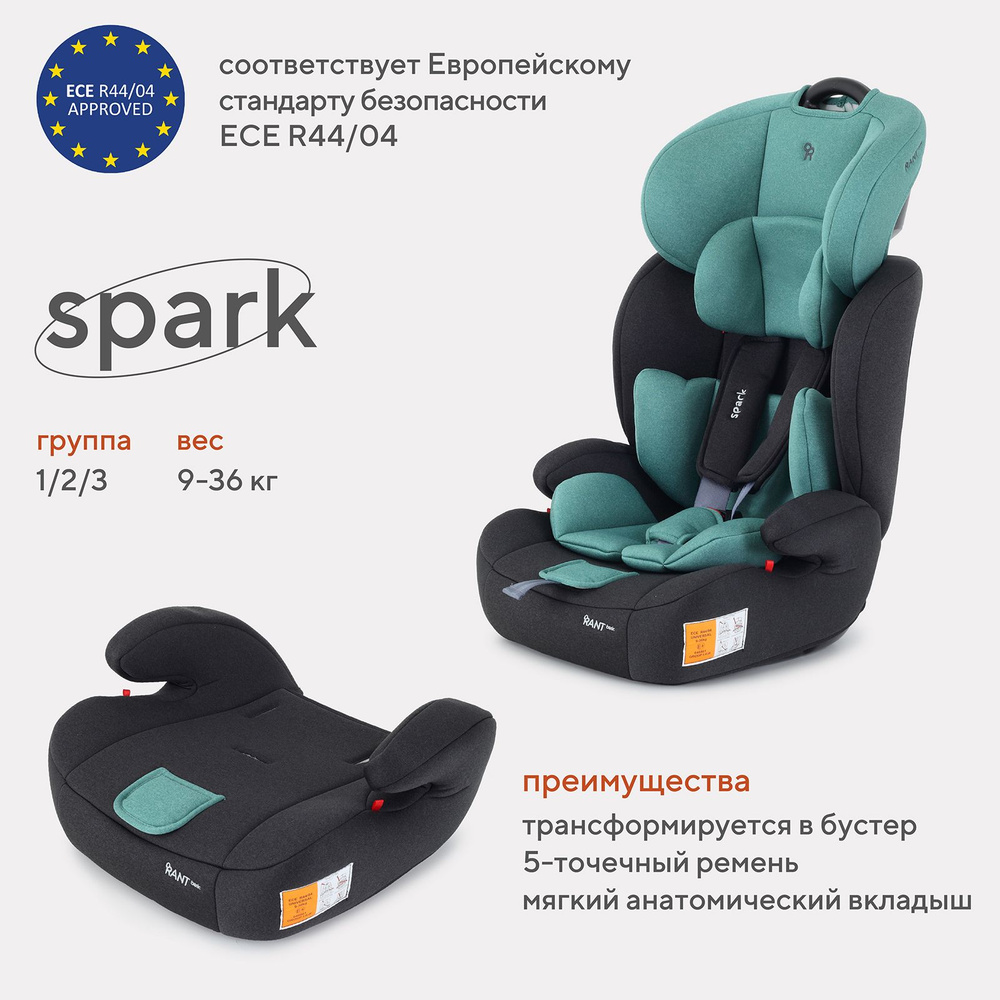 Автокресло детское Rant basic Spark арт. ZY10, группа 1/2/3 от 9 мес. до 12  лет вес 9-36 кг рост 80-145 см, Mint