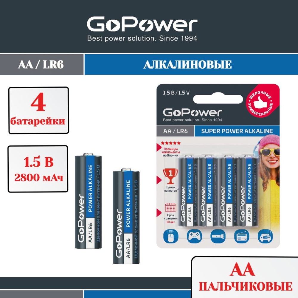 Батарейка GoPower LR6 AA BL4 Alkaline 1.5V (пальчиковая) - 4 шт ...