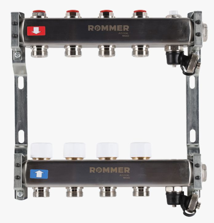 ROMMER Коллектор 4 вых. из нержавеющей стали в сборе без расходомеров с клапаном вып. воздуха и слива #1