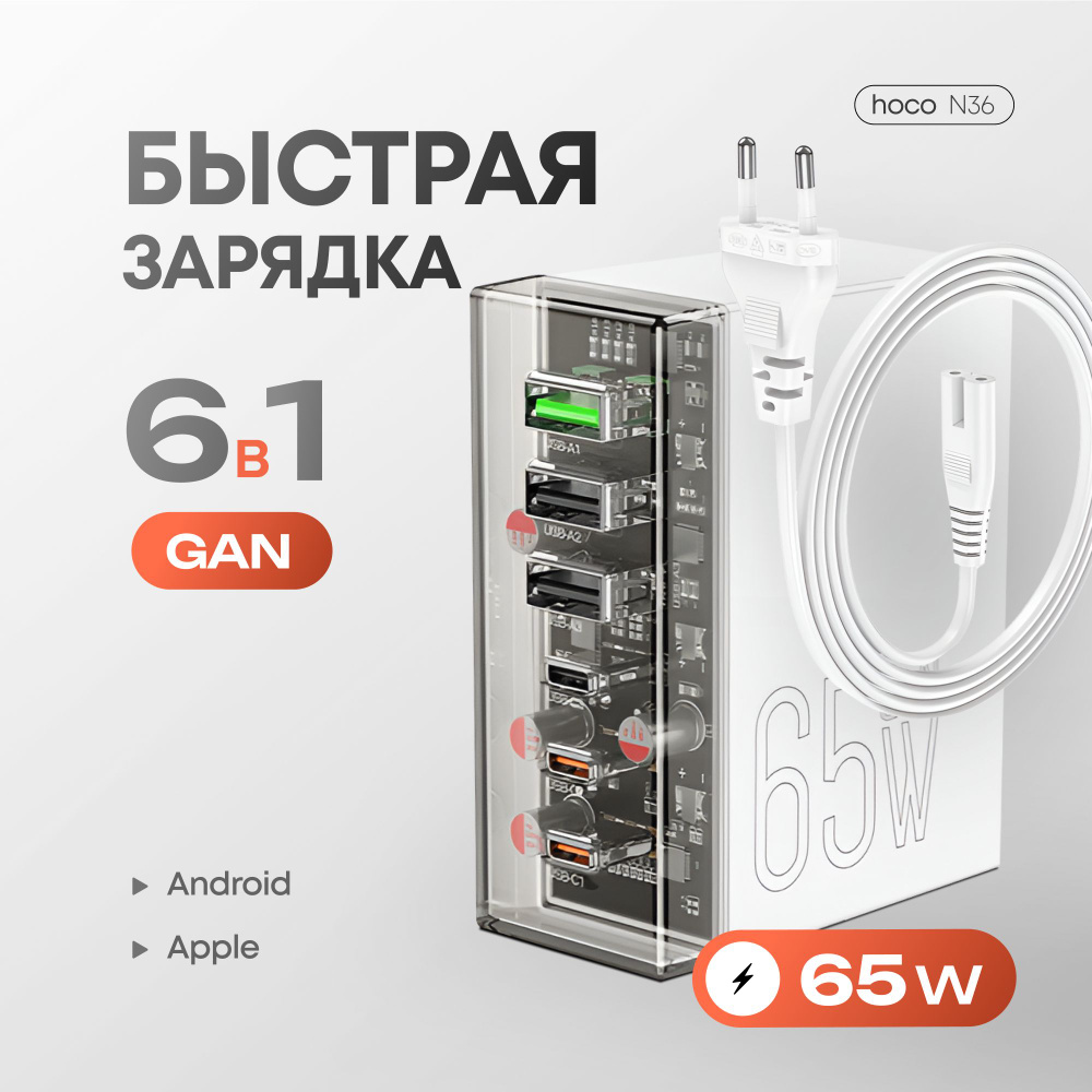 Сетевое зарядное устройство Hoco N36 / GaN зарядка 65w на 6 портов (USB-A  х3 и Type-C x3) / блок питания для телефона, ноутбука, планшета