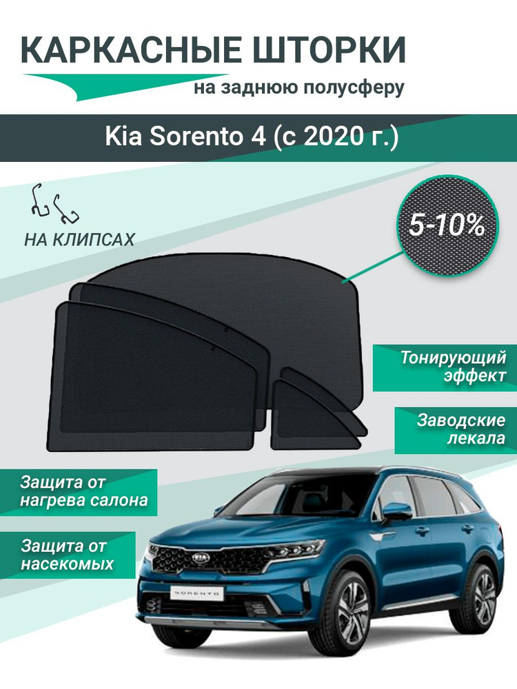 Каркасные шторки для Kia Sorento 4 (с 2020 г.) на фиксаторах, сетки на все задние стекла  #1