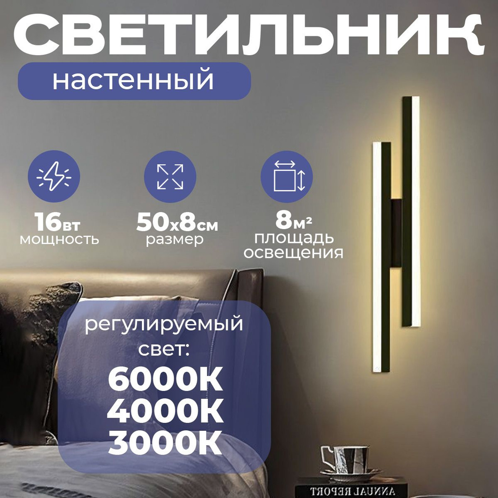 Светильник настенный светодиодный Eleven Mini Black 500x83 мм, 16W, регулируемый (3000/4000/6000K)  #1