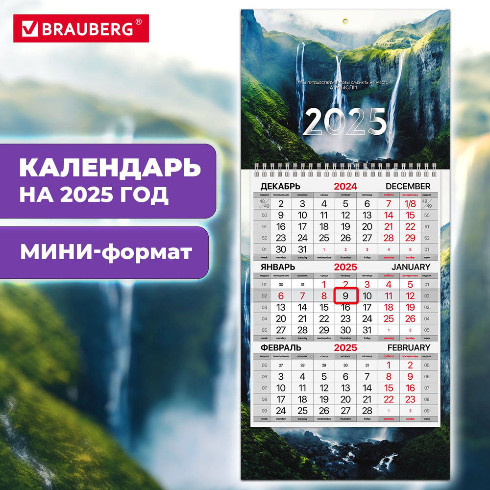 Календарь настенный на 2025 год квартальный отрывной 1 блок, 1 гребень, бегунок, Мини, офсет, Brauberg, #1