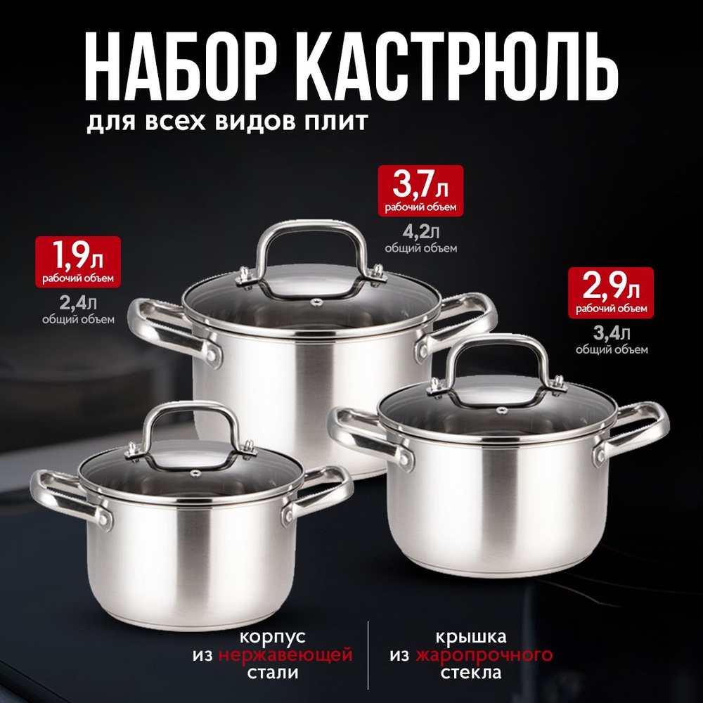 Набор кастрюль из нержавеющей стали, 3 шт - купить с доставкой по ...