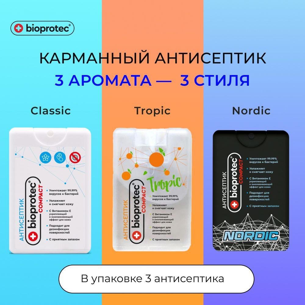 Карманный антисептик спрей для рук Bioprotec 3 шт Classic Tropic Nordic / Спрей для рук  #1