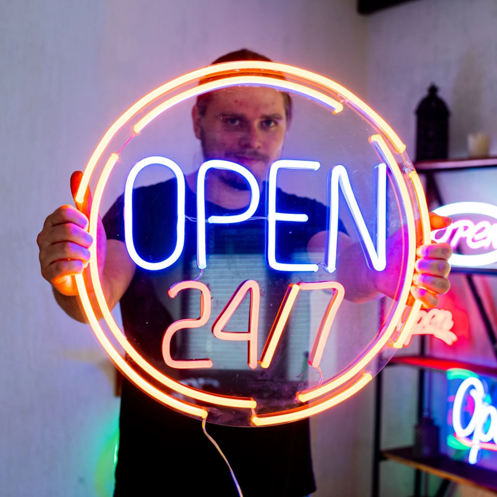 Неоновая вывеска Open 24/7, 50х50 см, разноцветная #1