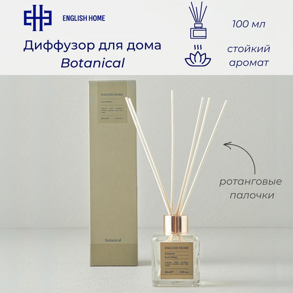 Диффузор для дома Botanical, 100 мл. Ароматизатор с ротанговыми палочками (эвкалипт, лаванда, розмарин, #1