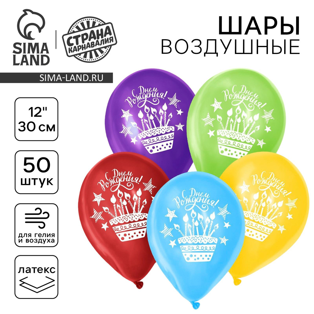 Шар воздушный 12" "День рождения", праздничная тематика, пастель, набор 50 шт., МИКС #1