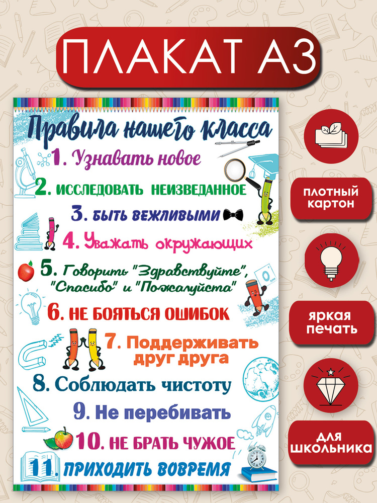 Плакат обучающий Правила нашего класса А3 детям в класс #1