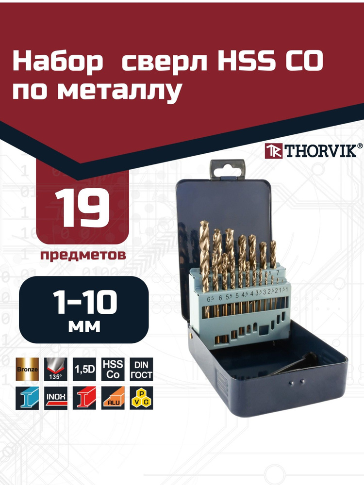 Набор спиральных сверл по металлу HSS Co в металлическом кейсе, d1.0-10.0 мм, 19 предметов, TDBS19K5, #1