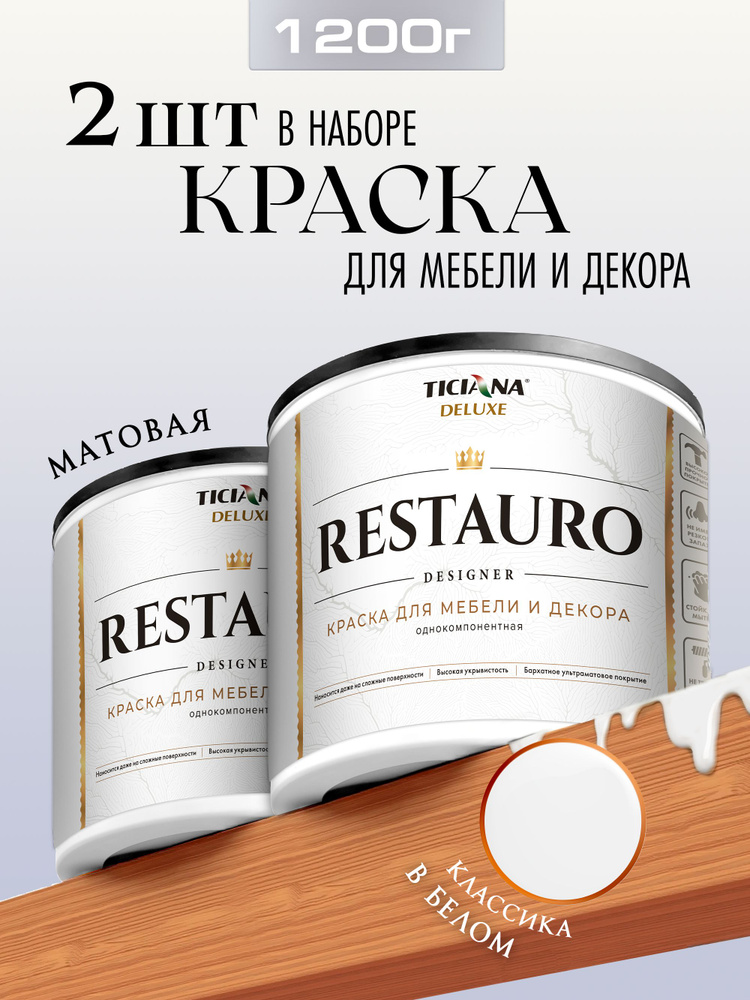 Краска для мебели и дверей белая Restauro матовая без запаха Ticiana DELUXE набор 2 шт, краска для декора, #1