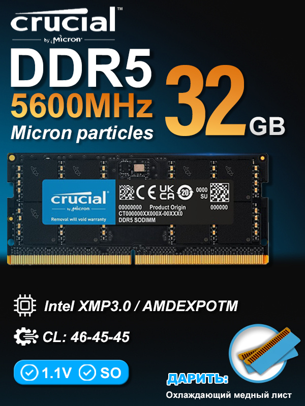 Модуль оперативной памяти Crucial 32 ГБ DDR5 PC44800 5600 MHz CL
