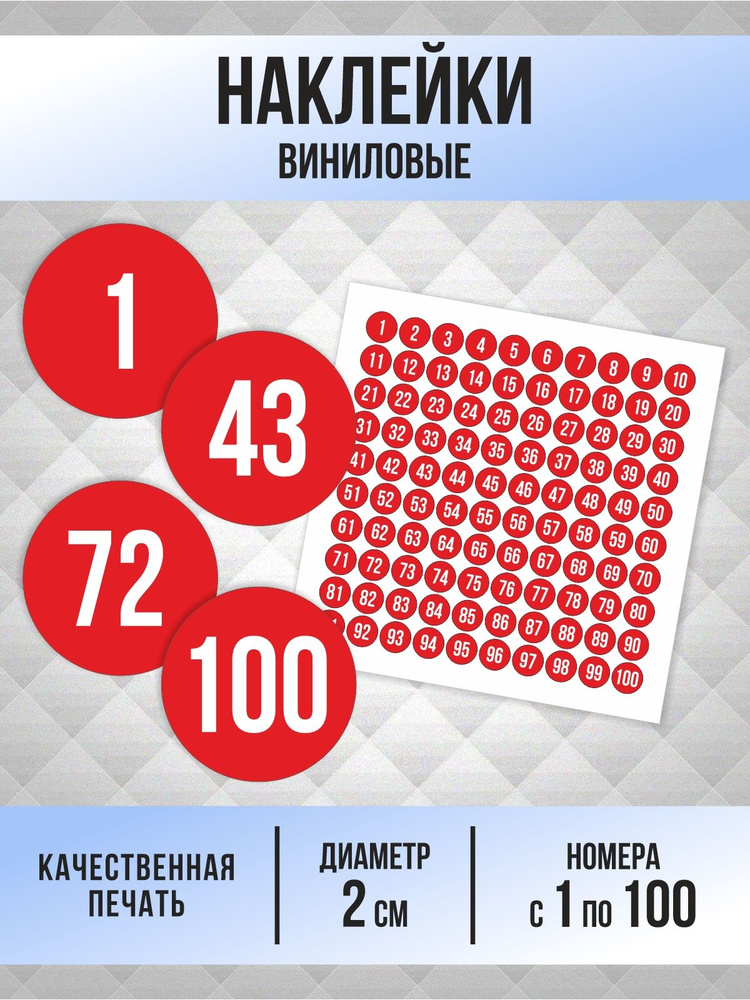 Наклейки с номерами от 1 до 100 круглые 20 мм, цвет красный, ПолиЦентр #1