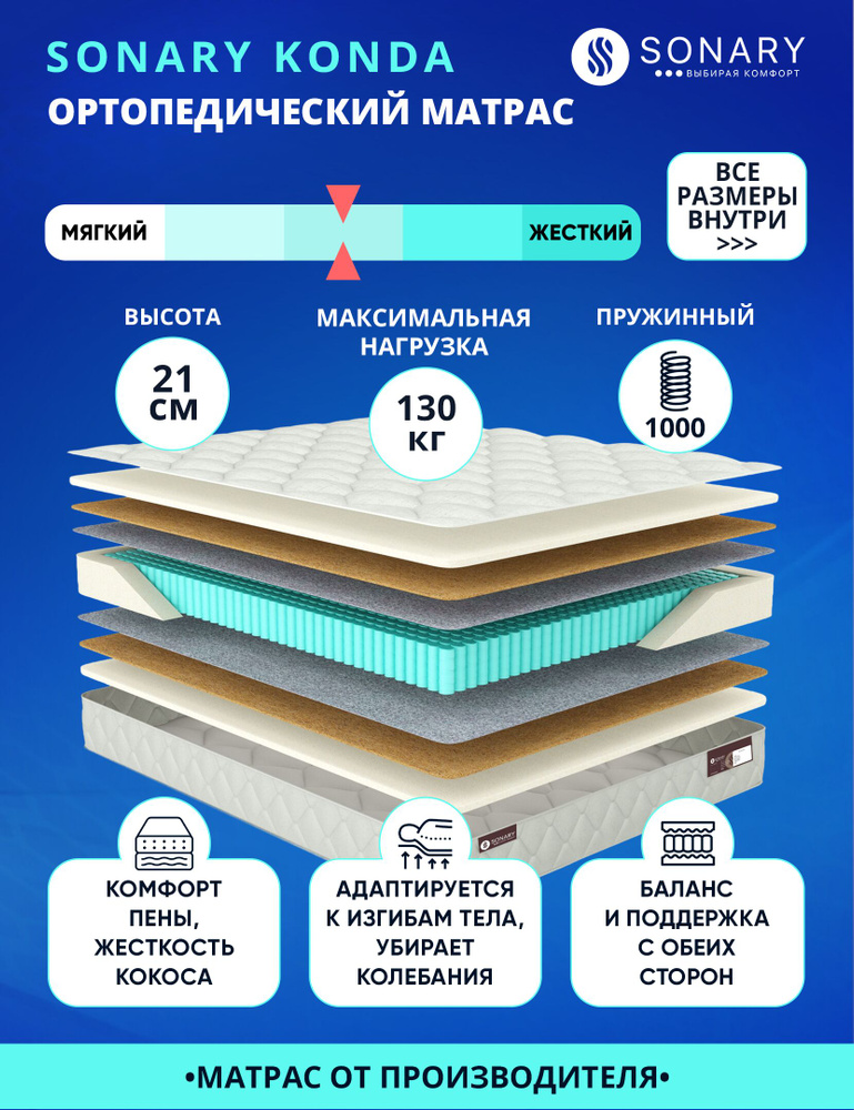 Матрас Sonary Konda 70х210 серии Flow высота 21.08 см нагрузка 130.03 кг на кровать, анатомический, ортопедический, #1