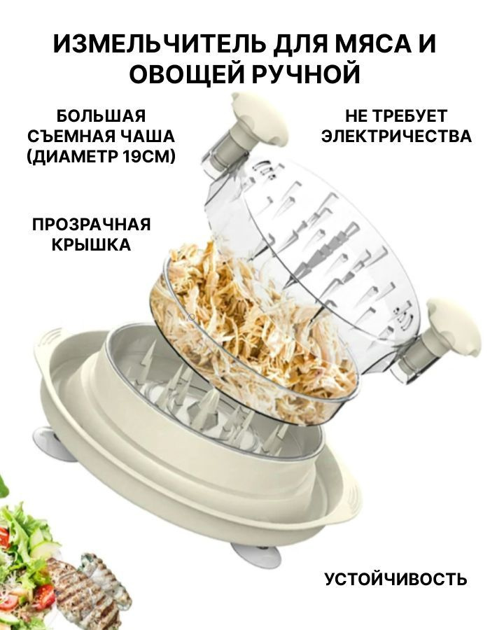 -безопасный пищевой пластик -прозрачная крышка позволяет регулировать степень измельчения -большая съемная чаша -устойчивость благодаря присоскам