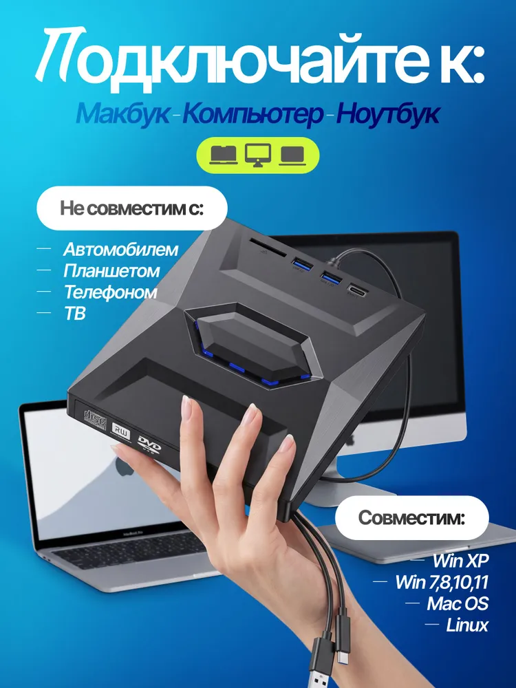 Внешний дисковод 7-в-1 с записью CD/DVD-RW привод для ноутбука и ПК USB 3.0 / Type-C хаб с кардридером, вариант, фото 2