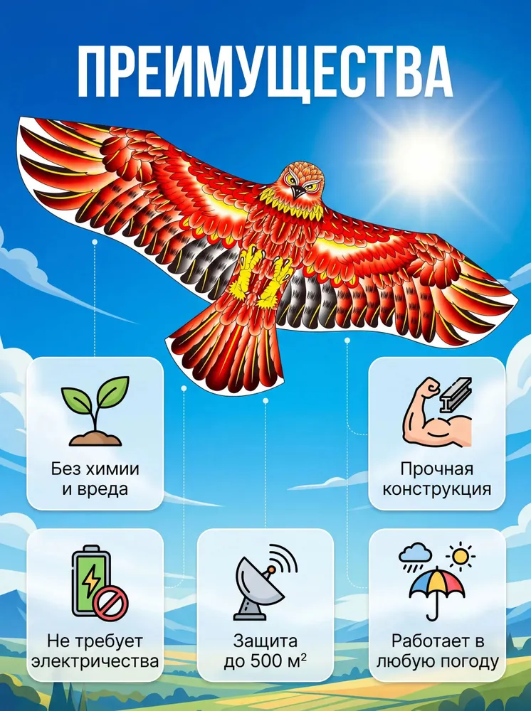 Визуальный, динамический отпугиватель птиц Ястреб мини (черно-красный), пугало, воздушный змей, 1200х560х30м, 1200x560x30 м, фото 4