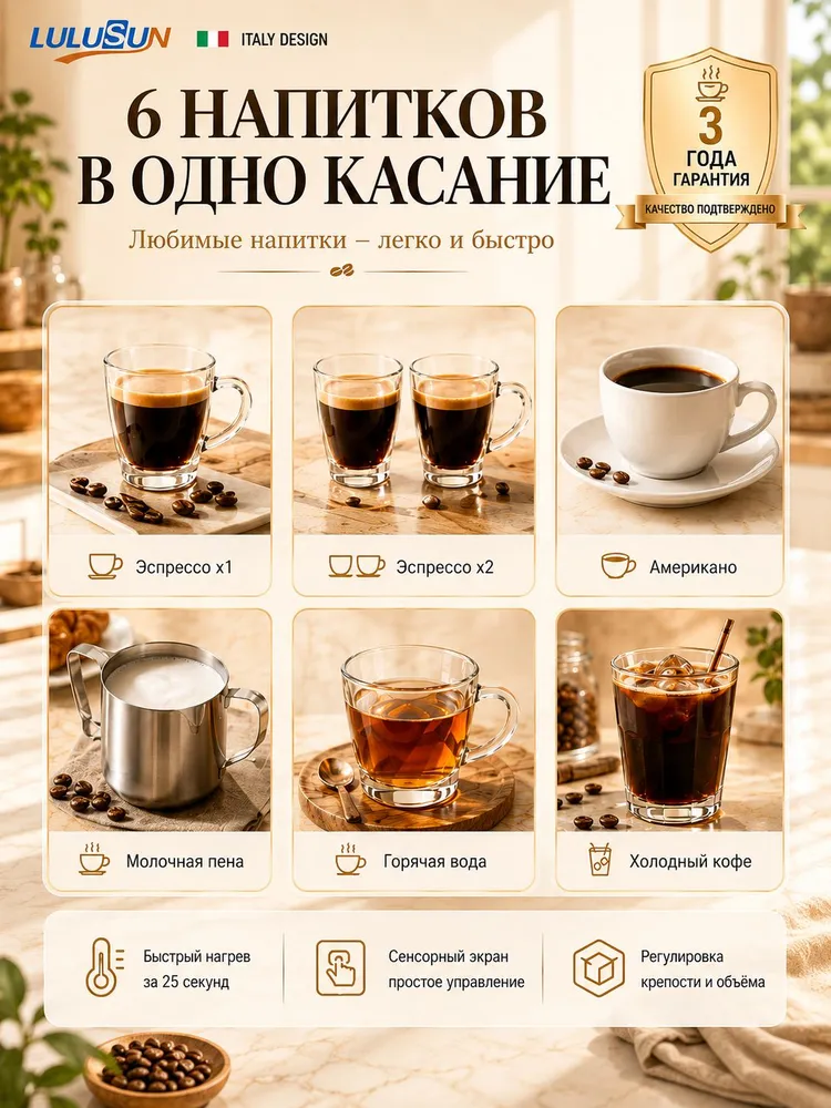 Кофемашина рожковая LULUSUN 20 бар, сенсорная, с капучинатором, 6 напитков, резервуар 1 л, нержавеющая сталь, 1 л, фото 2