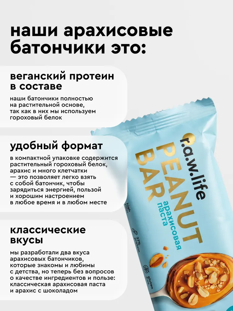Батончики протеиновые без сахара r.a.w.life Арахисовая паста 12 шт по 35 г, перекус, спортивное питание, 12 шт, 35 г, фото 3