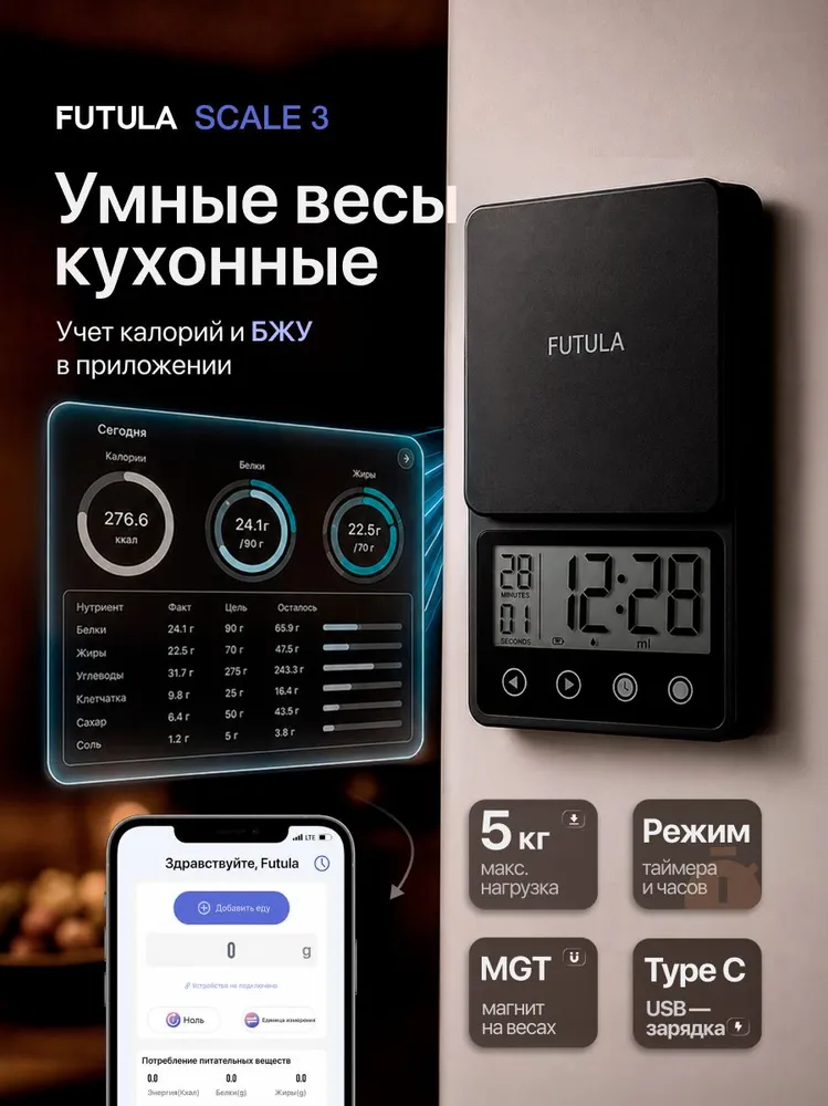 Умные кухонные весы электронные Futula Kitchen Scale 3, приложение с подсчётом калорий, до 5 кг, белые, 5 кг